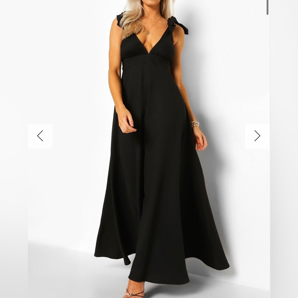 Tie Shoulder Plunge Black Maxi Dress Size 10 NWT